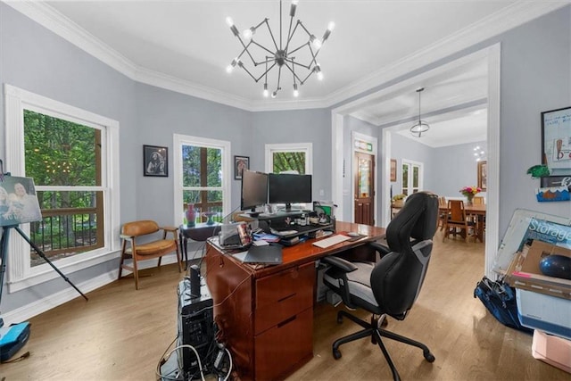 9035 Walnut Cove Ct, Gainesville, GA 30506 - office featuring light wood finished floors, ornamental molding, a chandelier, and baseboards