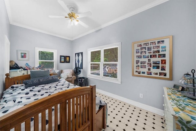 9035 Walnut Cove Ct, Gainesville, GA 30506 - bedroom with multiple windows, baseboards, tile patterned floors, crown molding, and a ceiling fan