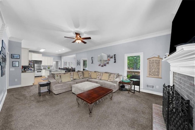 9035 Walnut Cove Ct, Gainesville, GA 30506 - living area with carpet floors, ceiling fan, baseboards, and ornamental molding