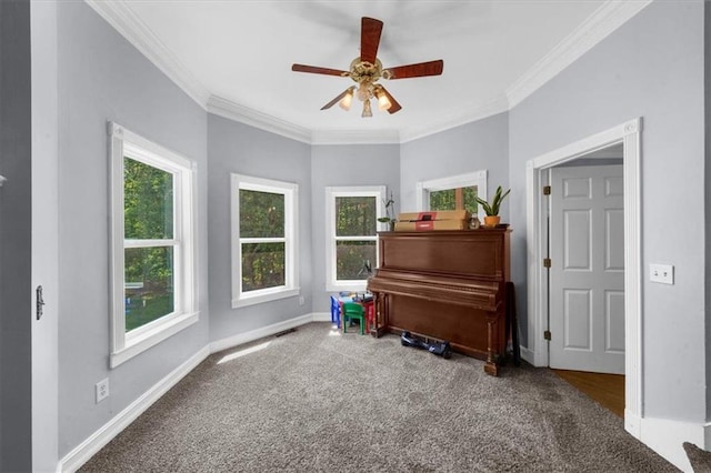 9035 Walnut Cove Ct, Gainesville, GA 30506 - living area with ceiling fan, carpet, ornamental molding, and baseboards