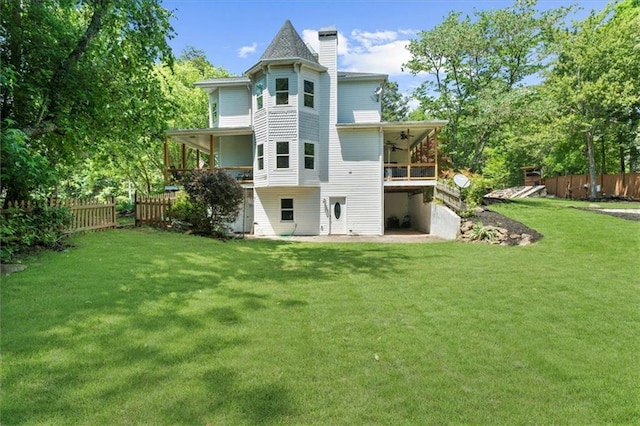 9035 Walnut Cove Ct, Gainesville, GA 30506 - rear view of house with a ceiling fan, a chimney, and a patio area