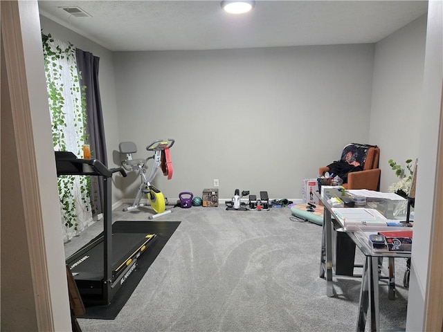 exercise room with carpet flooring, visible vents, and baseboards