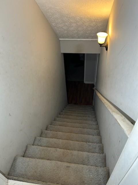 staircase with a textured ceiling