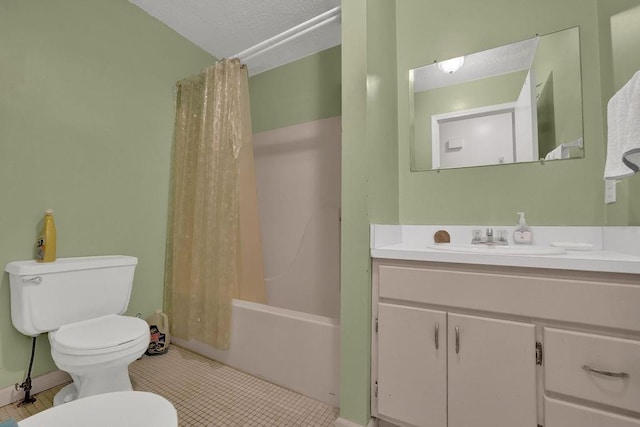 full bathroom with toilet, tile patterned flooring, shower / tub combo with curtain, and vanity