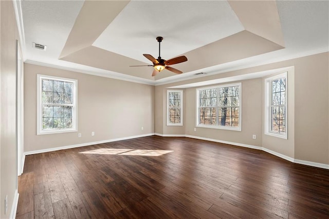 spare room with a healthy amount of sunlight, a tray ceiling, and dark wood-type flooring