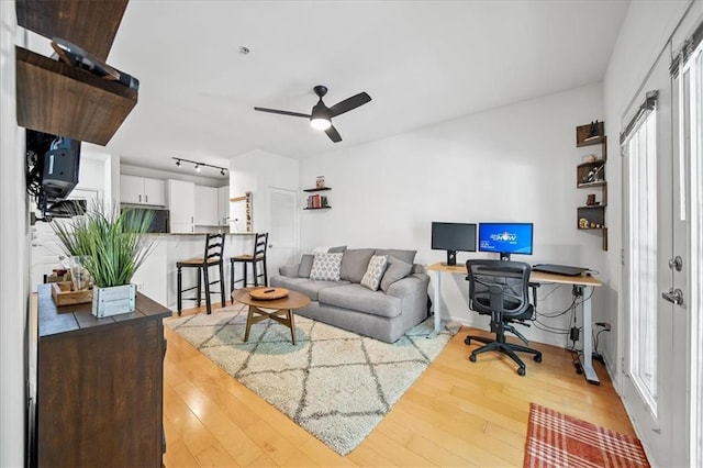 living area with ceiling fan and wood-type flooring