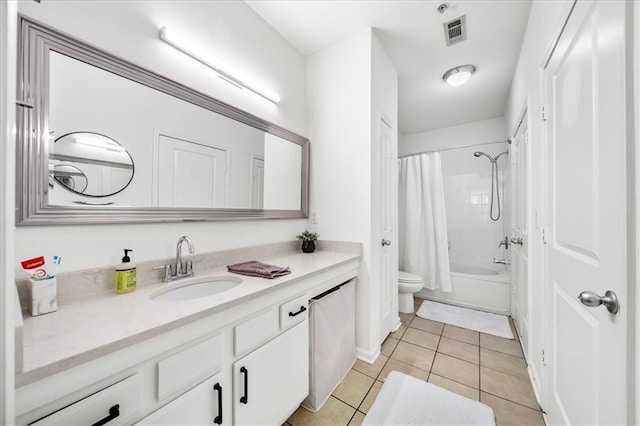 full bathroom with visible vents, toilet, tile patterned flooring, shower / bathtub combination with curtain, and vanity