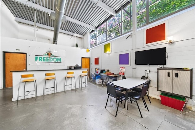 interior space with finished concrete flooring and a towering ceiling