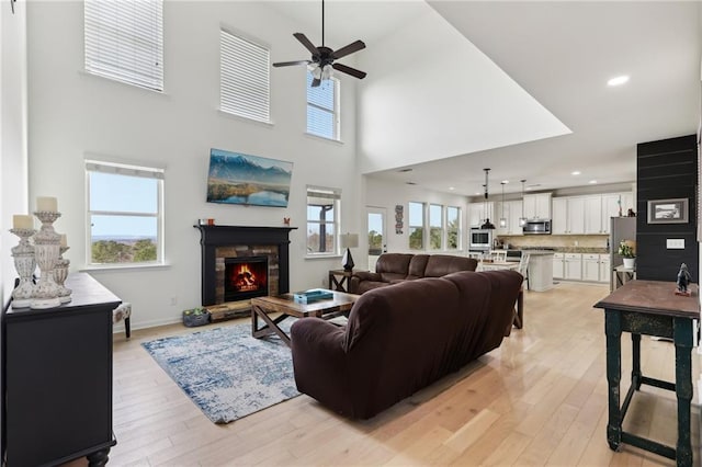 living room featuring light hardwood / wood-style flooring, a fireplace, and plenty of natural light