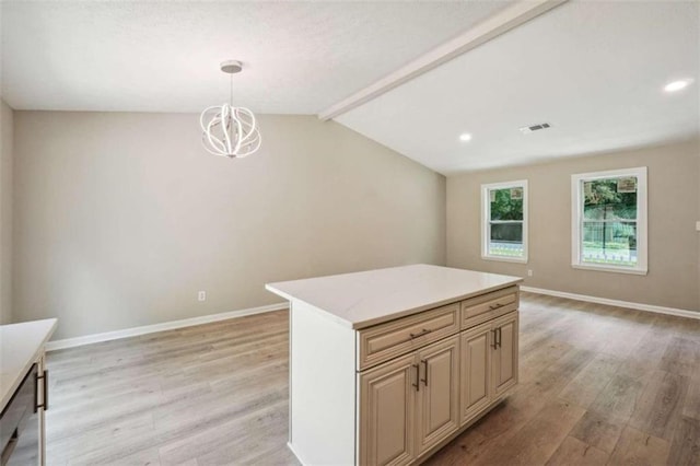 kitchen featuring decorative light fixtures, light hardwood / wood-style floors, an inviting chandelier, vaulted ceiling with beams, and a center island