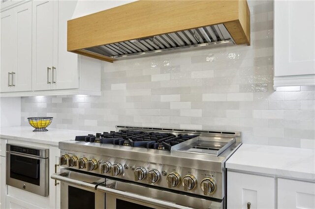 kitchen featuring premium range hood, appliances with stainless steel finishes, decorative backsplash, and white cabinets