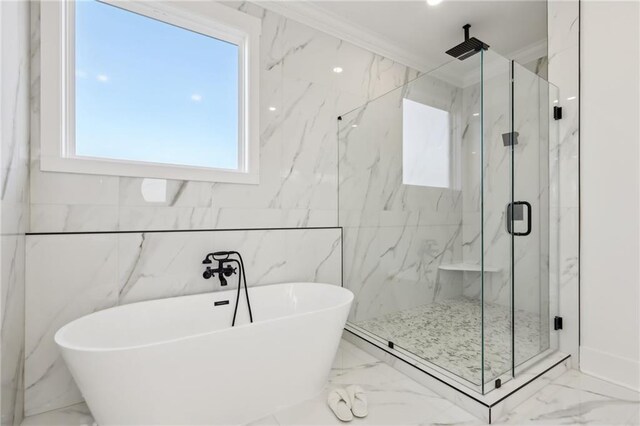 bathroom with independent shower and bath and ornamental molding