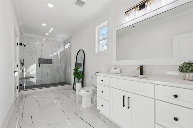 bathroom with walk in shower, vanity, toilet, and crown molding