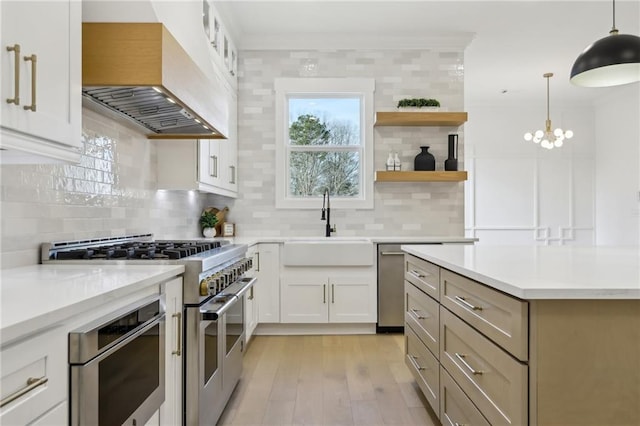 kitchen featuring white cabinets, appliances with stainless steel finishes, custom exhaust hood, decorative backsplash, and hanging light fixtures