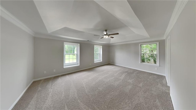 empty room with crown molding, a ceiling fan, a wealth of natural light, and a raised ceiling