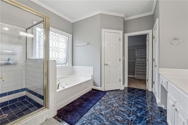 bathroom featuring a bath, a stall shower, marble look tiles, ornamental molding, and vanity