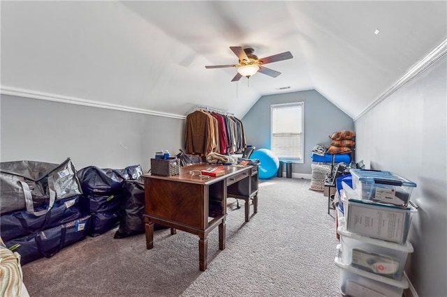 bonus room featuring carpet flooring, vaulted ceiling, and a ceiling fan