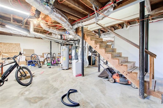 unfinished basement featuring stairs and gas water heater