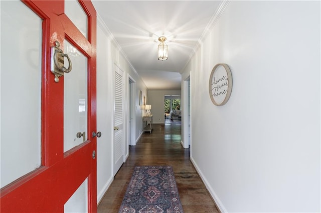 corridor with dark hardwood / wood-style floors and crown molding