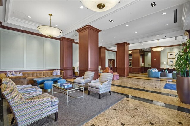 exercise room with a drop ceiling, baseboards, and ornamental molding