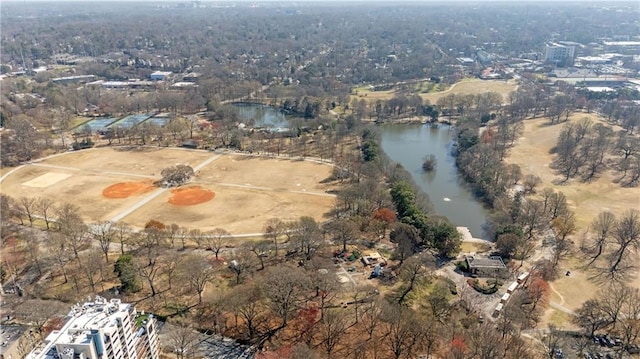 drone / aerial view with a water view