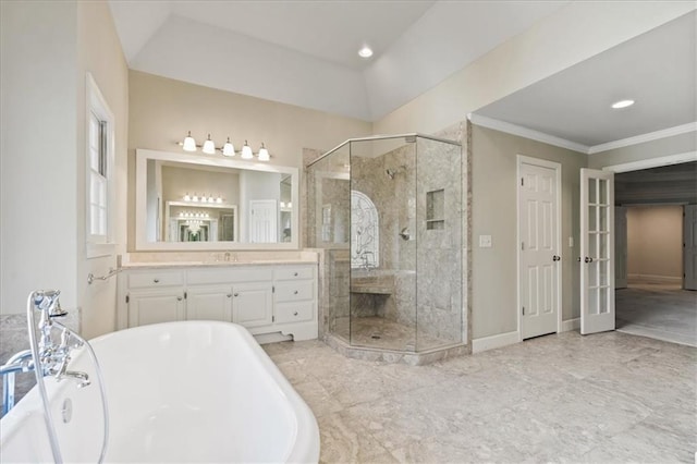 bathroom featuring shower with separate bathtub, vanity, and ornamental molding