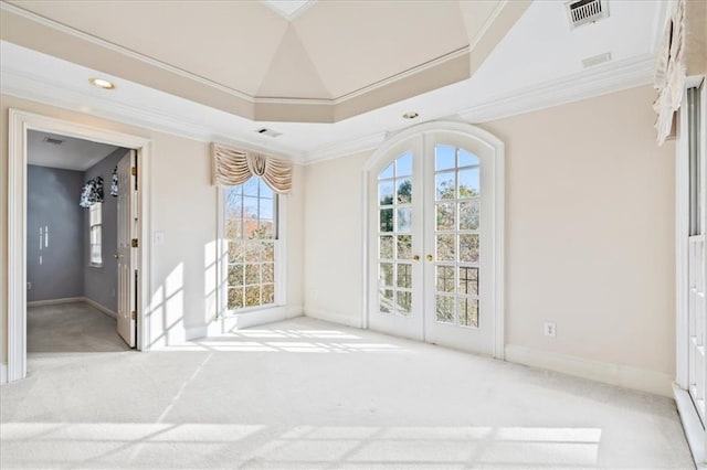 spare room with a tray ceiling, crown molding, french doors, and light carpet