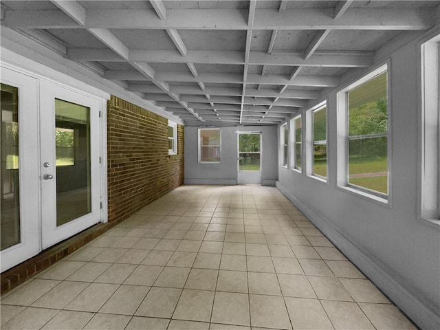 6389 Cumberland Dr, Rex, GA 30273 - unfurnished sunroom with brick wall, french doors, beamed ceiling, tile patterned floors, and coffered ceiling