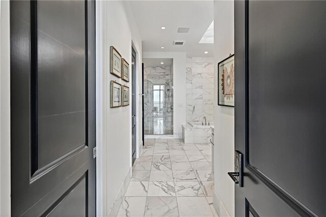 3630 Peachtree Rd NE Unit 3302, Atlanta, GA 30326 - full bath featuring visible vents, marble finish floor, a marble finish shower, a tray ceiling, and recessed lighting