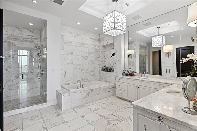 3630 Peachtree Rd NE Unit 3302, Atlanta, GA 30326 - full bathroom with double vanity, marble finish floor, tiled shower, a bath, and a sink