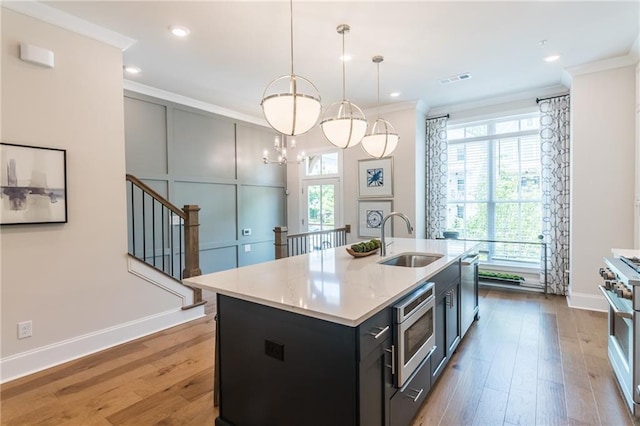 kitchen with stainless steel appliances, wood finished floors, a sink, a wealth of natural light, and crown molding