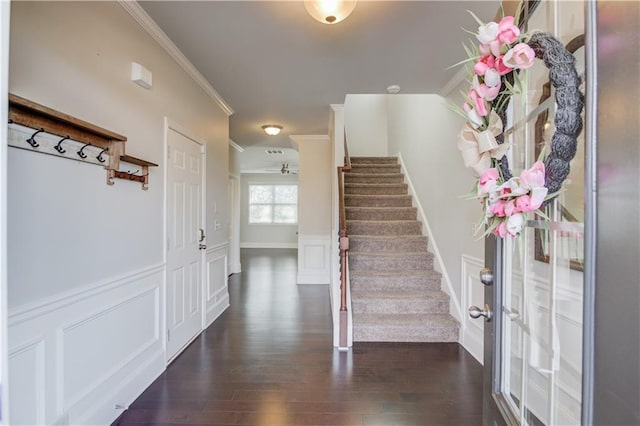 entryway with a decorative wall, dark wood finished floors, crown molding, stairway, and wainscoting