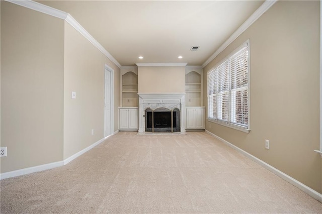 unfurnished living room with light carpet, built in features, and ornamental molding