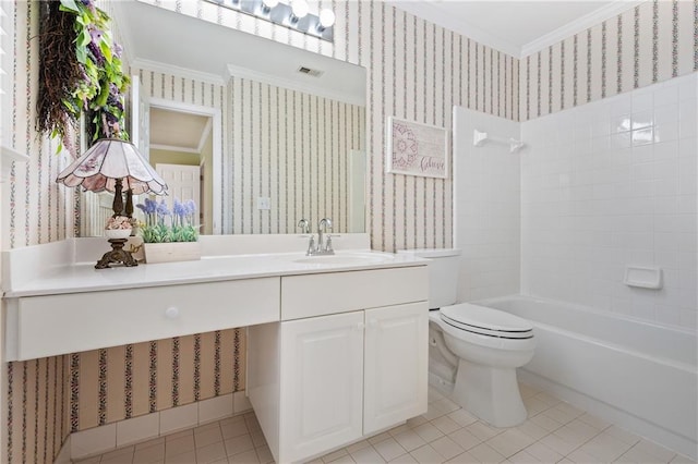 full bathroom with toilet, vanity, tiled shower / bath combo, and ornamental molding