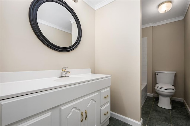 full bathroom featuring tile patterned flooring, vanity, toilet, and crown molding