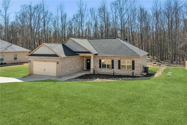 ranch-style home with brick siding, a shingled roof, concrete driveway, a front yard, and a garage