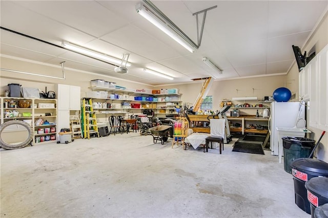 garage featuring a garage door opener and a workshop area