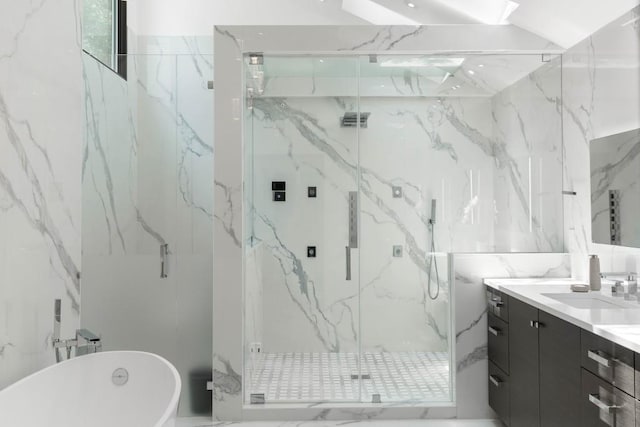 4070 Whitewater Creek Rd, Atlanta, GA 30327 - bathroom featuring vanity, a freestanding tub, and a marble finish shower