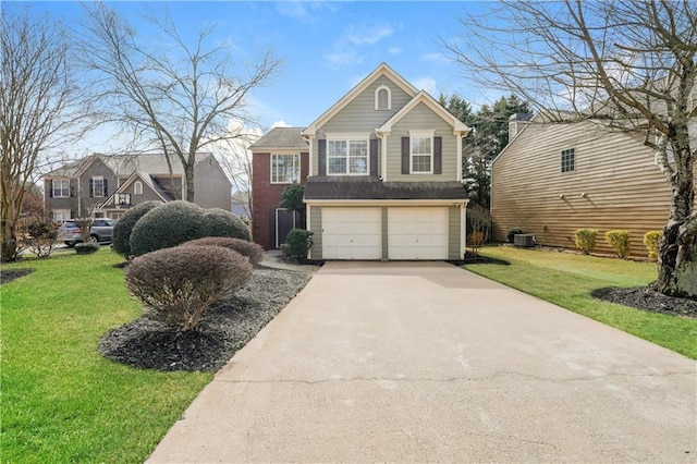 view of front of property featuring a garage, central AC, concrete driveway, and a front yard