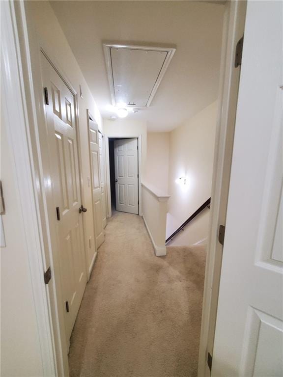 4215 Wildener Way, Cumming, GA 30041 - hallway with baseboards, an upstairs landing, light colored carpet, and attic access