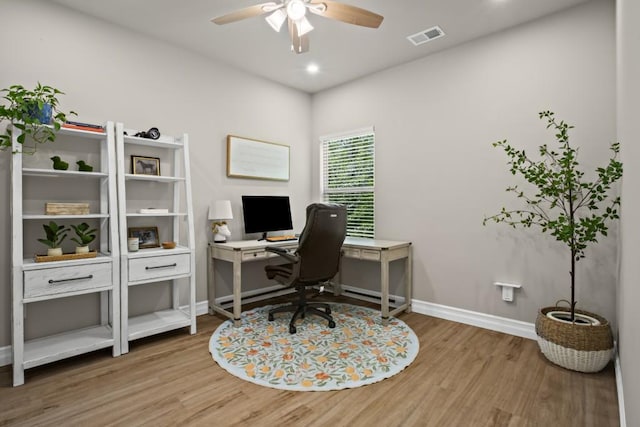 office area with a ceiling fan, visible vents, recessed lighting, wood finished floors, and baseboards