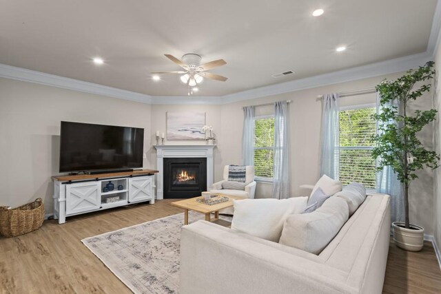 living area with a glass covered fireplace, ornamental molding, visible vents, ceiling fan, and wood finished floors