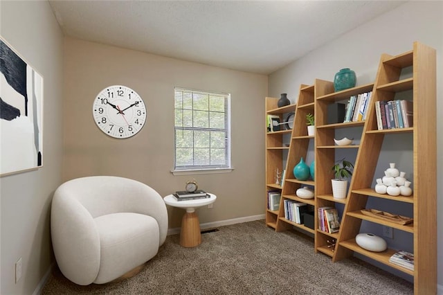 sitting room with carpet flooring and baseboards
