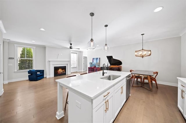 kitchen featuring dishwasher, light countertops, a warm lit fireplace, wood finished floors, and a sink