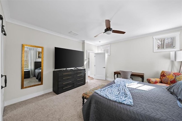 bedroom featuring a ceiling fan, visible vents, baseboards, ornamental molding, and light carpet