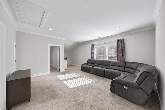 carpeted living room with recessed lighting, baseboards, and vaulted ceiling