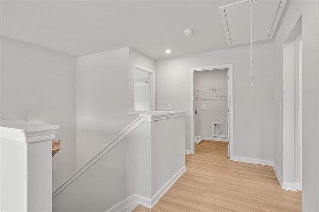 373 Riverwood Pass, Dallas, GA 30157 - corridor with an upstairs landing, attic access, baseboards, light wood-style flooring, and recessed lighting