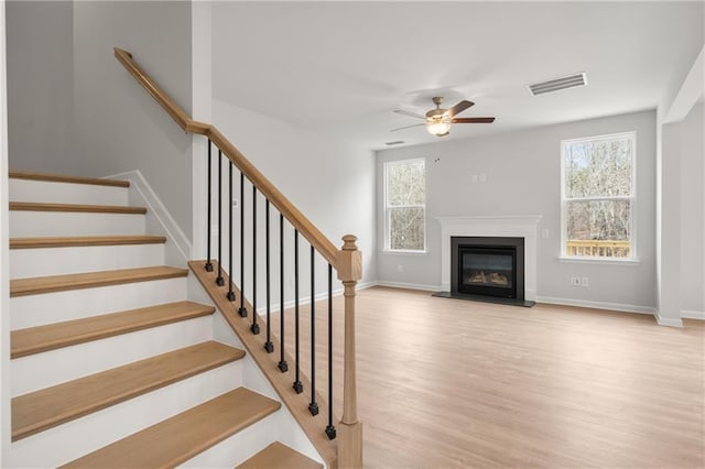 373 Riverwood Pass, Dallas, GA 30157 - staircase featuring ceiling fan, wood finished floors, a glass covered fireplace, and baseboards