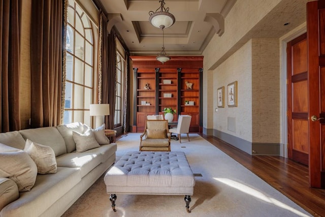 living area featuring hardwood / wood-style floors and a tray ceiling