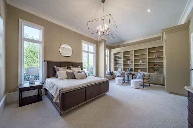 bedroom featuring light carpet, multiple windows, and crown molding